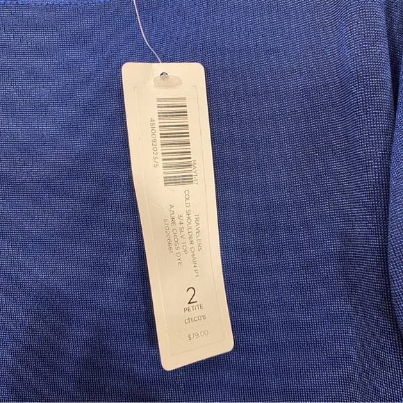 Travelers By Chicos Womens Shirt sz 2 Petite LP Blue Cold Shoulder Chain NWT - Picture 3 of 6